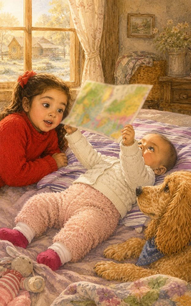 Ilustração: Kayla na cama com o mapa, a bebê e o cachorro