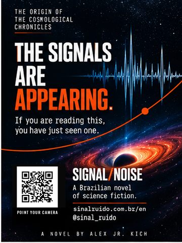 Cartaz de SINAL/RUÍDO em inglês, versão colorida: "The signals are appearing". Imagem: onda de sinal e buraco negro.