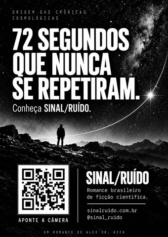 Cartaz de SINAL/RUÍDO em português, versão preto e branco: "72 segundos que nunca se repetiram". Imagem: figura diante da Via Láctea.