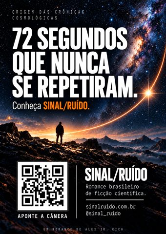 Cartaz de SINAL/RUÍDO em português, versão colorida: "72 segundos que nunca se repetiram". Imagem: figura diante da Via Láctea.